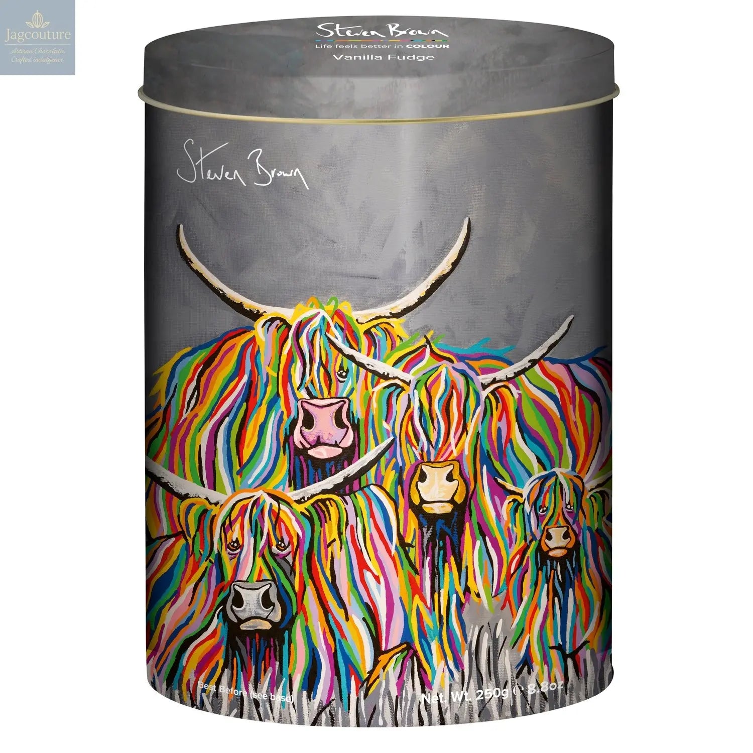 Steven Brown Ross and Claire McCoo vanilla fudge in oval tin Jag Couture Chocolates