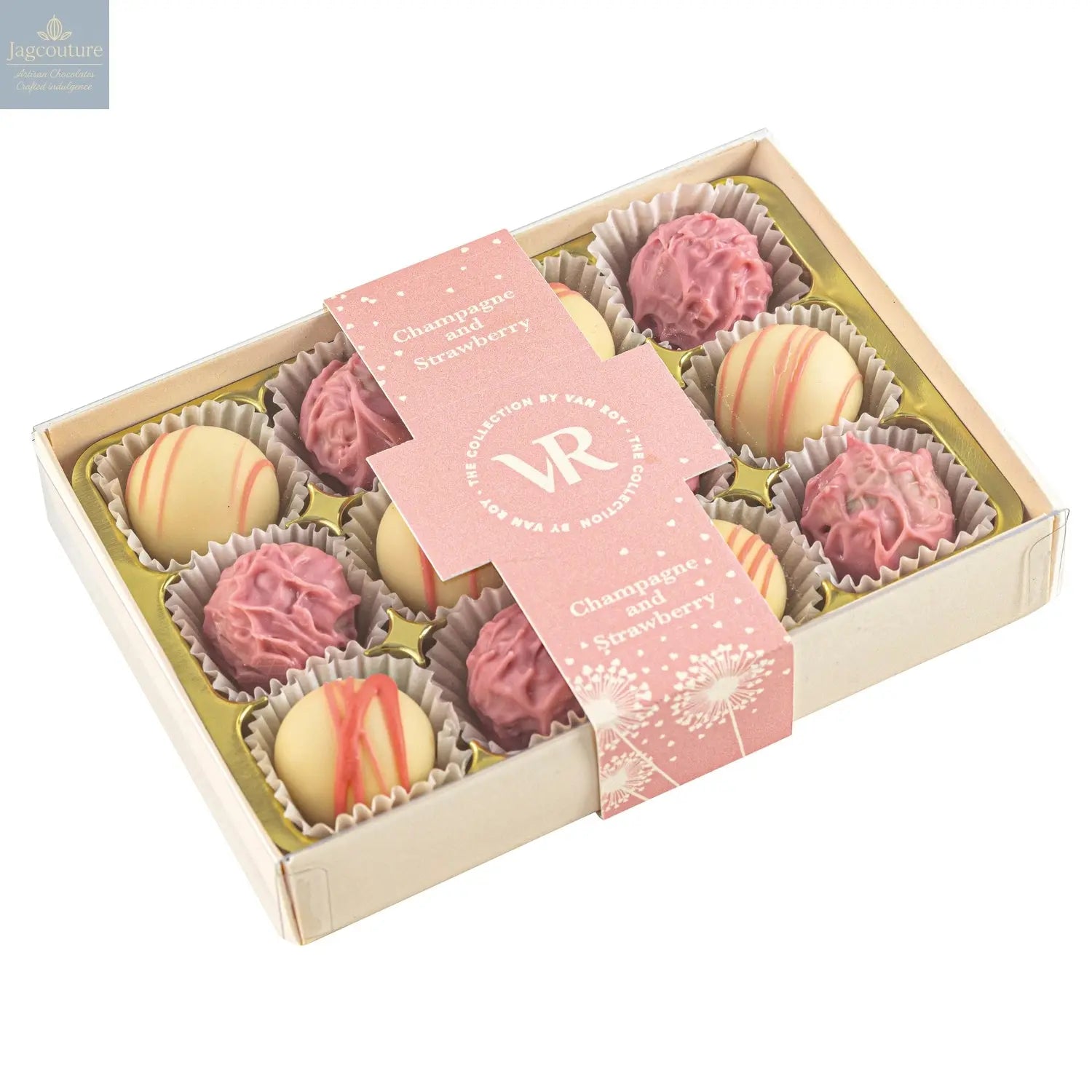 The Champagne and Strawberry Collection of truffles in 12pc cream gift box - Jag Couture Chocolates