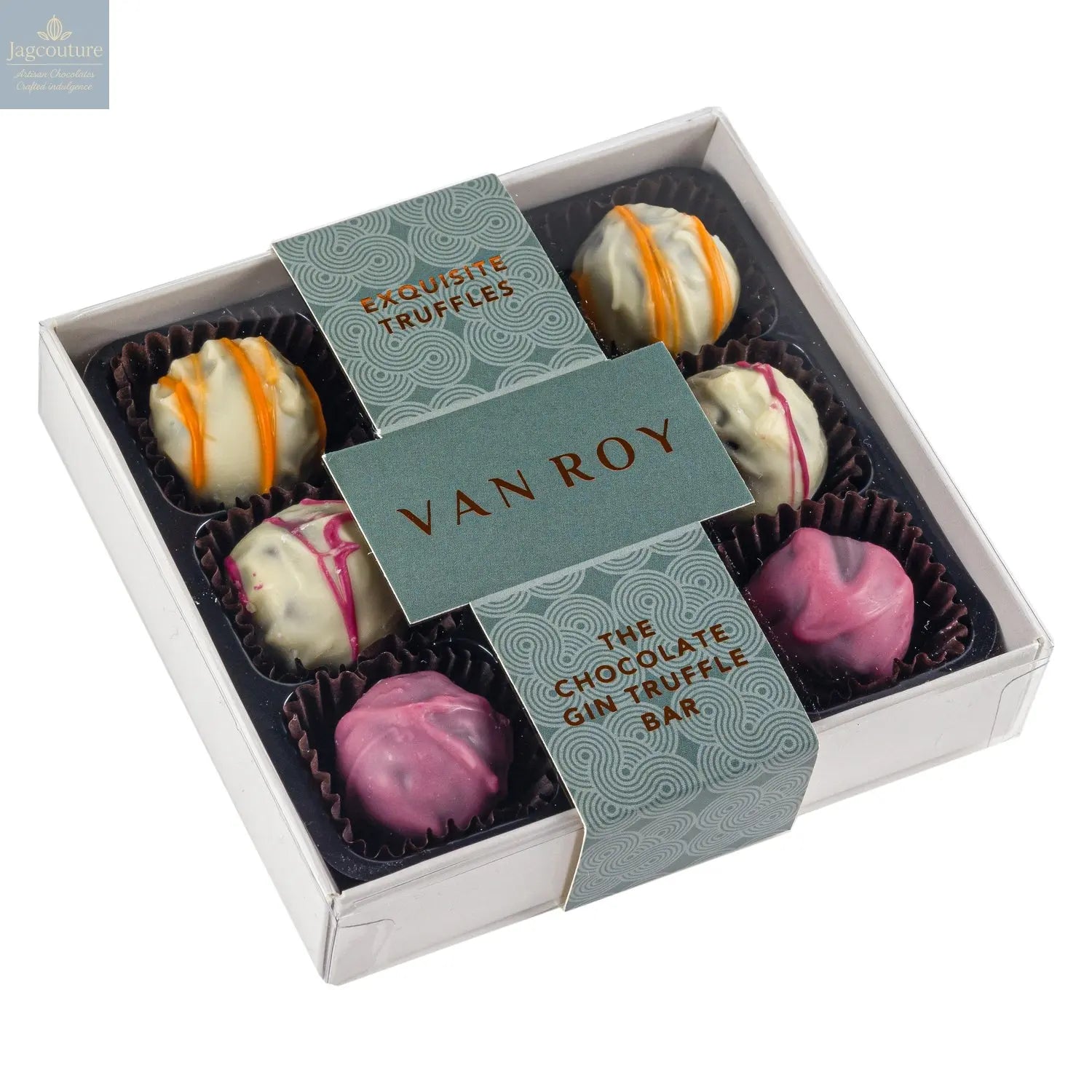 The Chocolate Gin Bar selection of truffles in 9 choc grey base with cello lid - Jag Couture Chocolates