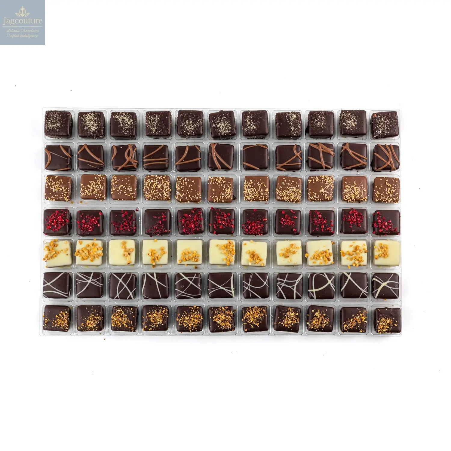 The French Style Collection - dark salted caramel, dark salted caramel, milk caramel, dark raspberry, white bresilienne, dark bresilienne, dark lemon - Jag Couture Chocolates