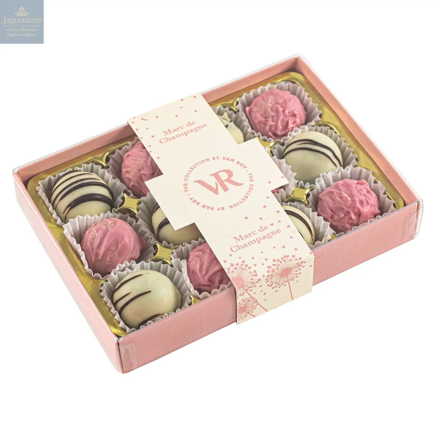 The Marc de Champagne Collection of truffles in 12pc pink gift box - Jag Couture Chocolates