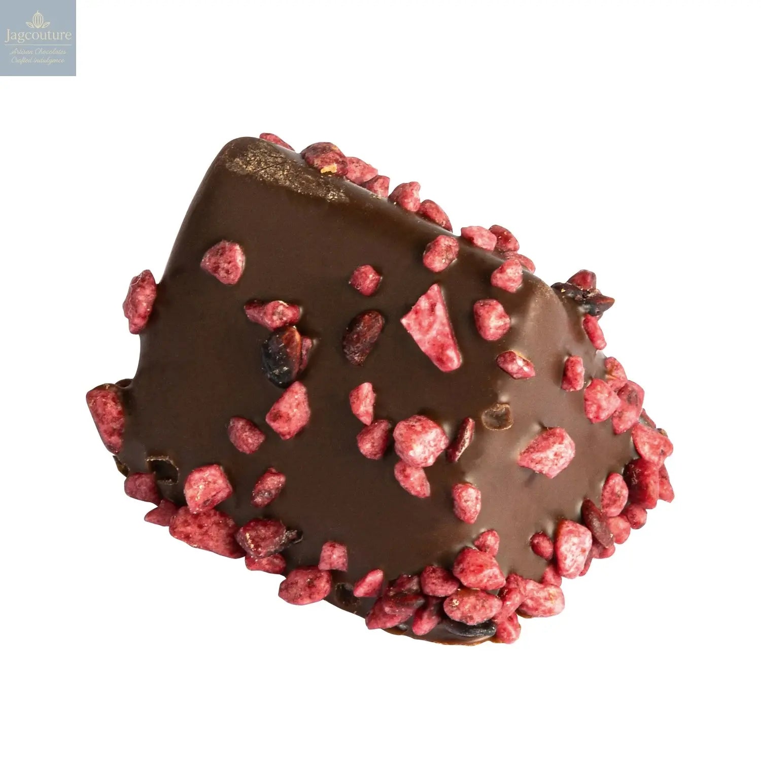 Triangolo Dark - layered marzipan in dark chocolate with raspberry décor 13.6g - Jag Couture Chocolates