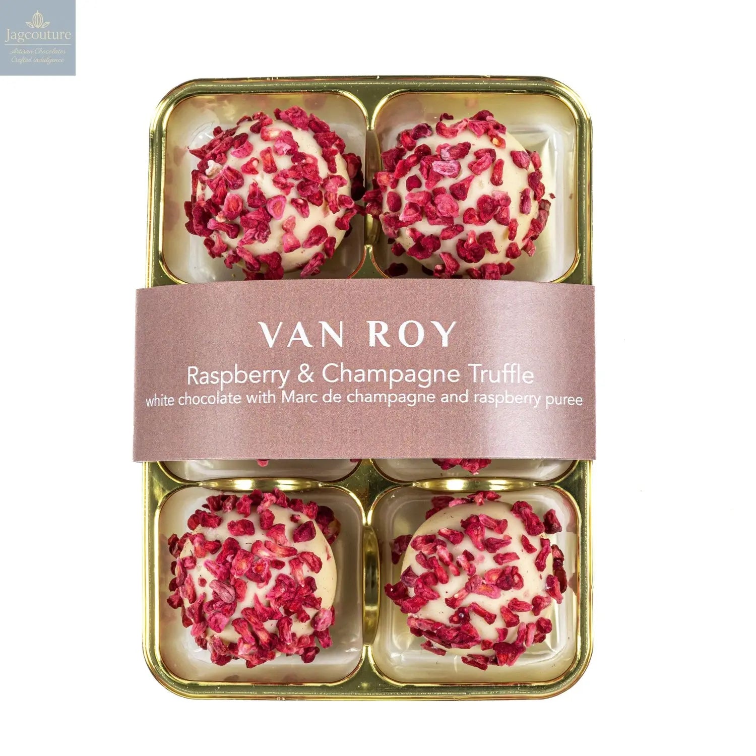 Van Roy 6 pack of raspberry and champagne truffles in cello - Jag Couture Chocolates