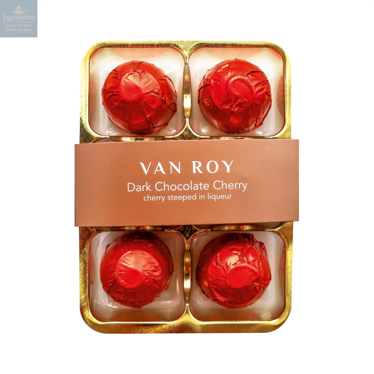 Van Roy 6 pack of red foiled cherry liqueurs in dark chocolate in cello - Jag Couture Chocolates