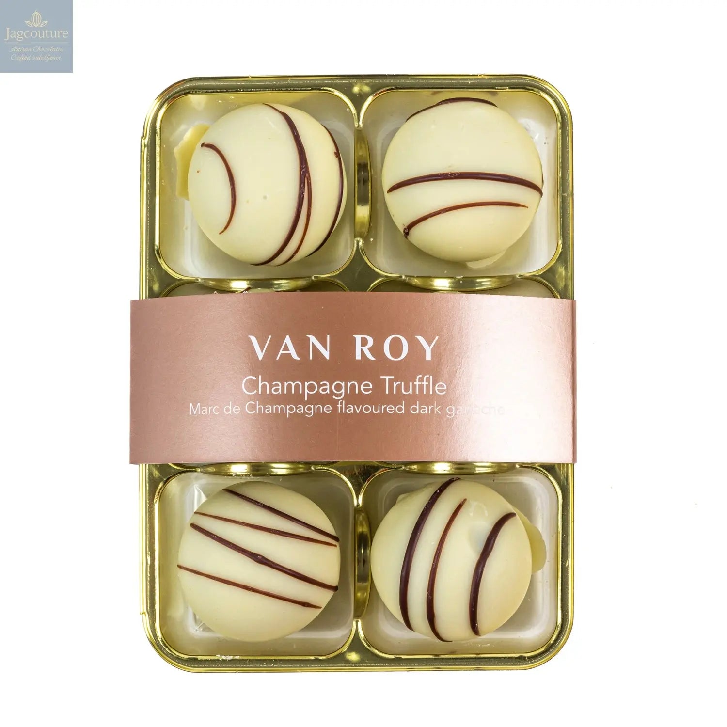 Van Roy 6 pack of white chocolate covered Marc de Champagne truffles in cello - Jag Couture Chocolates