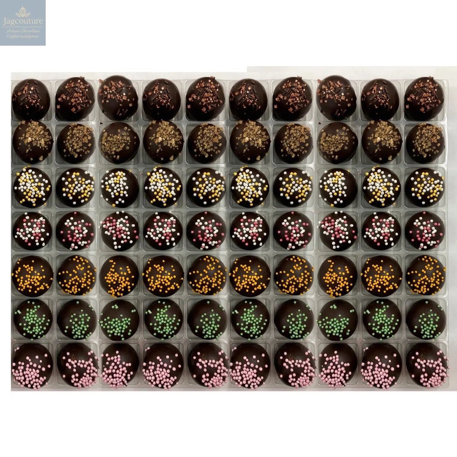 Vegan Truffles Selection - coffee, spiced rum, champagne, cherry Bakewell, orange, lime, raspberry - Jag Couture Chocolates