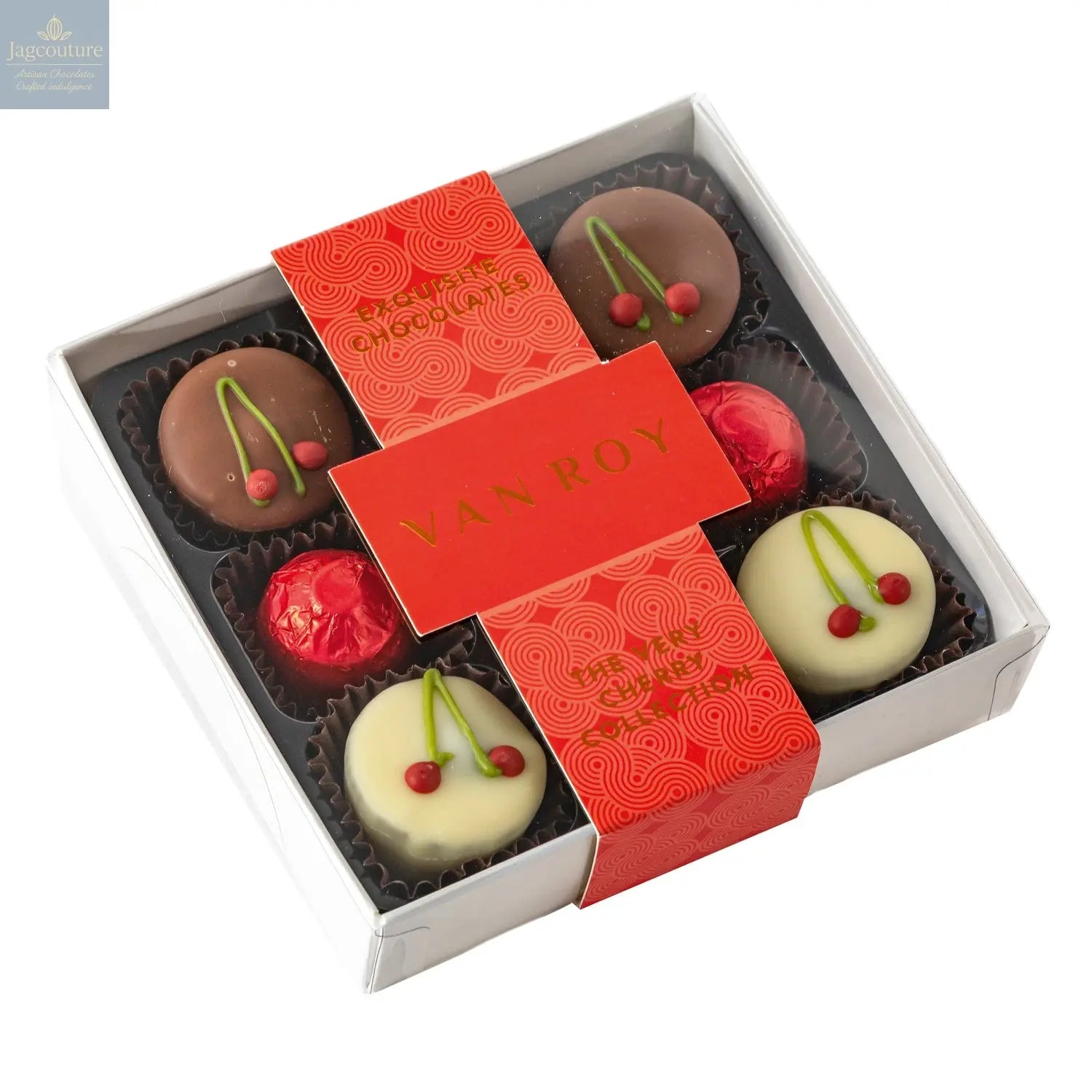 Very Cherry selection in 9 choc grey base with cello lid - Jag Couture Chocolates