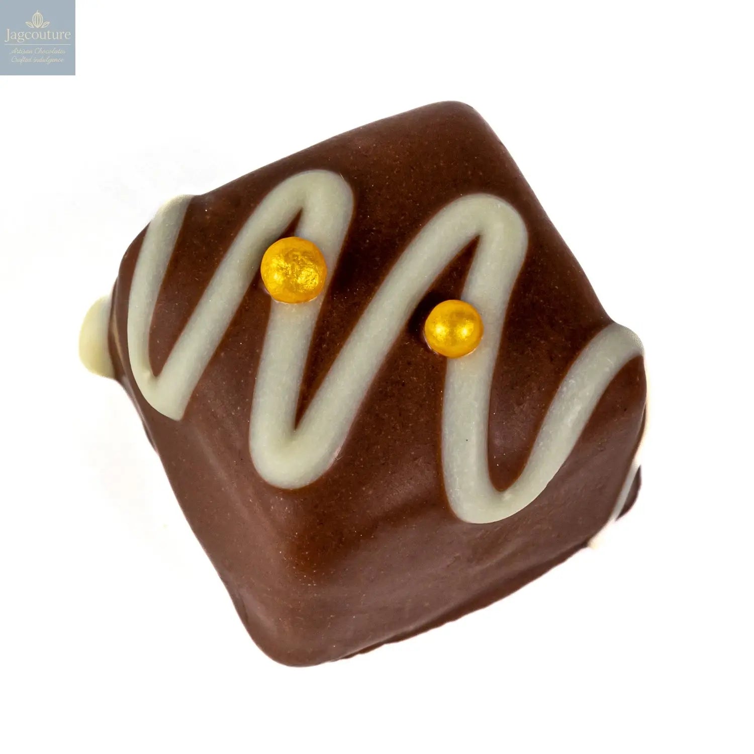 Vine Fruits - rum & raisin fudge in milk chocolate with white stripe and gold balls 19g - Jag Couture Chocolates