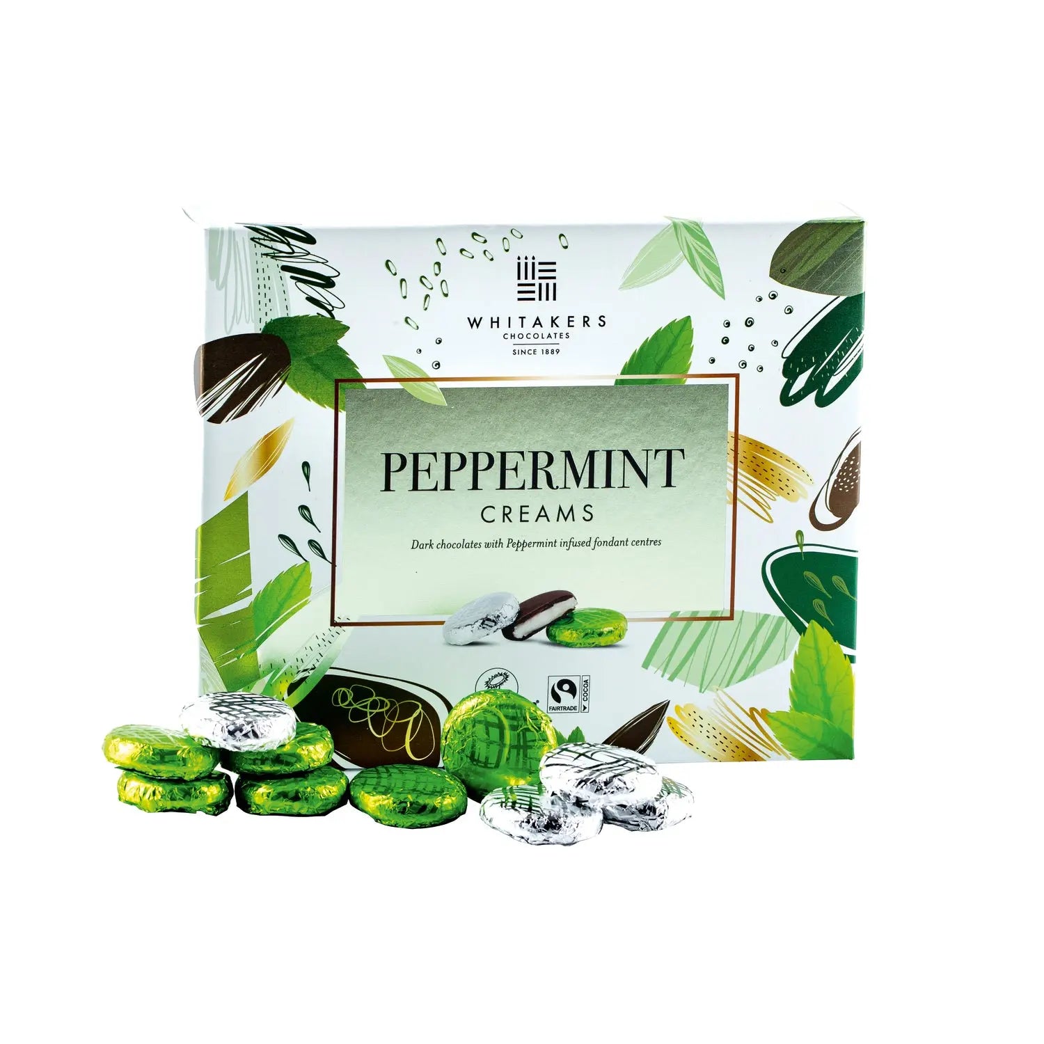 Whitakers foiled dark chocolate peppermint creams in carton Jag Couture Chocolates