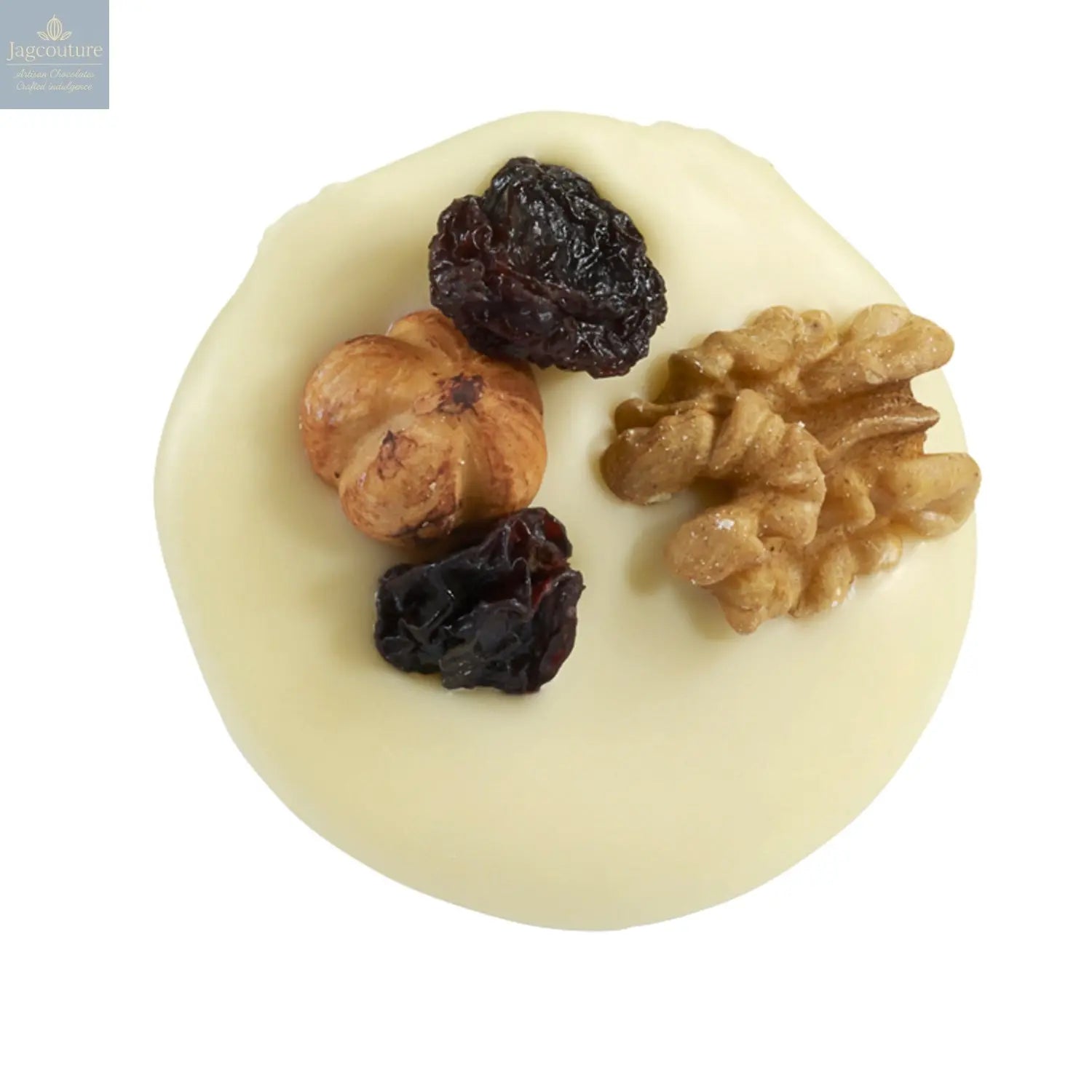 White mendiant - white chocolate disc with nuts and raisins 14g - Jag Couture Chocolates