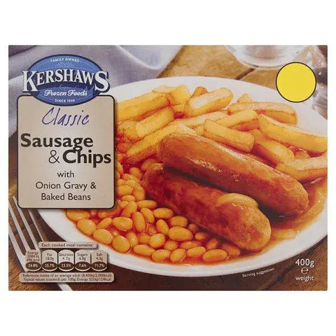 Kershaws Classic Sausage & Chips with Onion Gravy & Baked Beans 400g Kershaws Classic Sausage & Chips with Onion Gravy & Baked Beans 400g