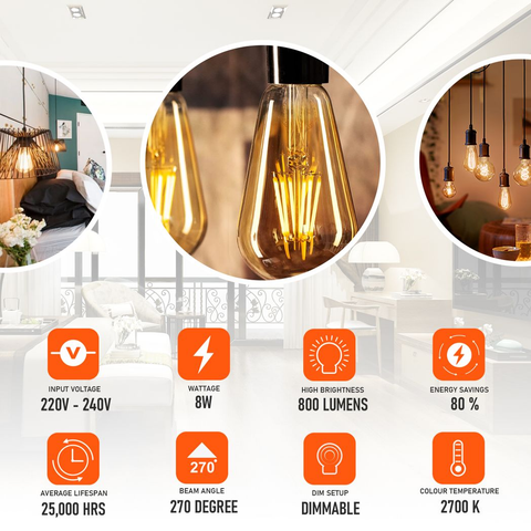 3Pack E27 LED Edison Dimmable Vintage Amber Glass Warm white 2700K Light Bulb,