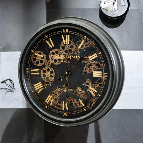Stylish & Decorative Industrial with Roman Numerals Round Wall Clock - Modern Design, Moving Gears, Battery-Operated Quartz Movement Timepiece for Living Room & Home (Black 52cm (Champs Elysees))