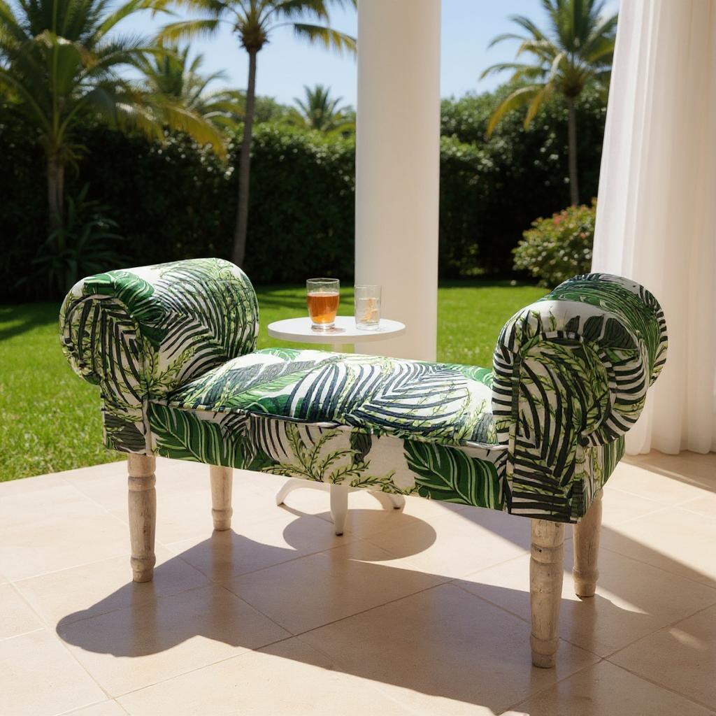 Durable & Stylish Velvet Window Seat Bed End Chaise Lounge - Crushed Velvet Fabric, Solid Wood Feet, Padded Armrests, Sponge Padded Seat, Perfect for Bedroom or Living Room (Palm Leaf Design)