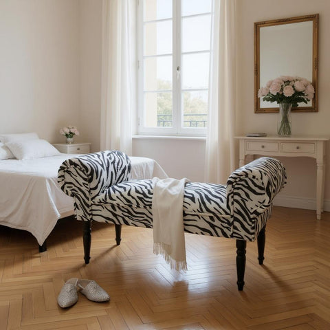 Durable & Stylish Velvet Window Seat Bed End Chaise Lounge - Crushed Velvet Fabric, Solid Wood Feet, Padded Armrests, Sponge Padded Seat, Perfect for Bedroom or Living Room (Zebra Art Design)