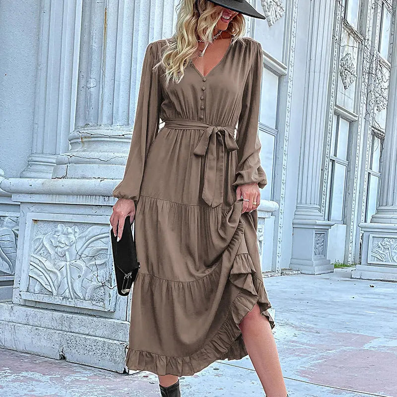 Casual Long Sleeve Solid Color Dress Draping Effect