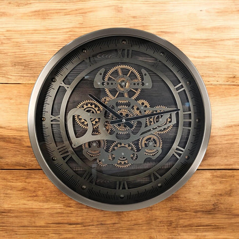 AcaciaHome Premium Moving Gears Wall Clock - Roman Numeral Display, Battery-Operated Quartz Movement Metal with Sleek Finish for Home, Lounge, or Dining Room (Round Black/Silver 46cm)