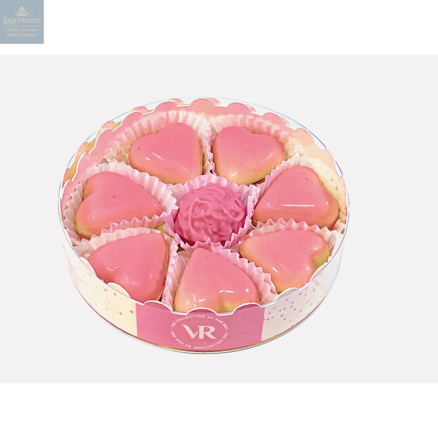 12cm round gift box of caramel filled blushed hearts and Marc de Champagne truffle - Jag Couture Chocolates