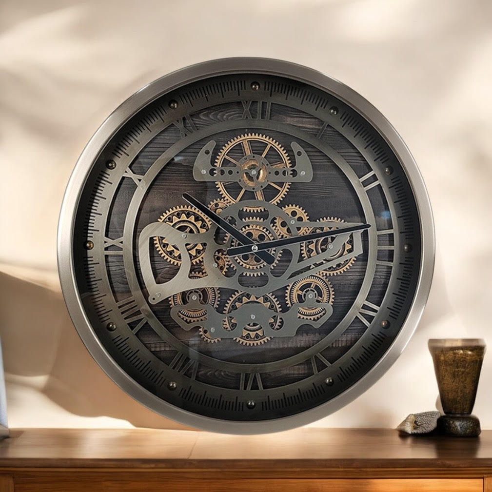 AcaciaHome Premium Moving Gears Wall Clock - Roman Numeral Display, Battery-Operated Quartz Movement Metal with Sleek Finish for Home, Lounge, or Dining Room (Round Black/Silver 46cm)