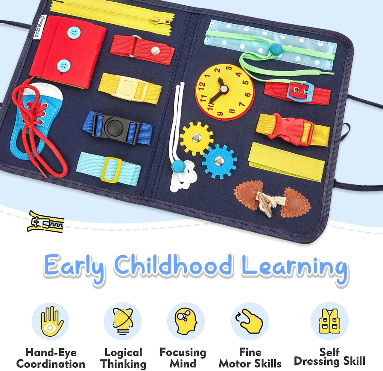 Dyzi Montessori Busy Board Sensory Learning Activity Toy Travel Portable Fabric