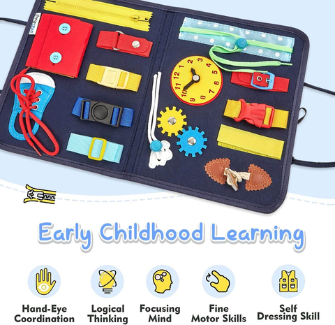 Dyzi Montessori Busy Board Sensory Learning Activity Toy Travel Portable Fabric
