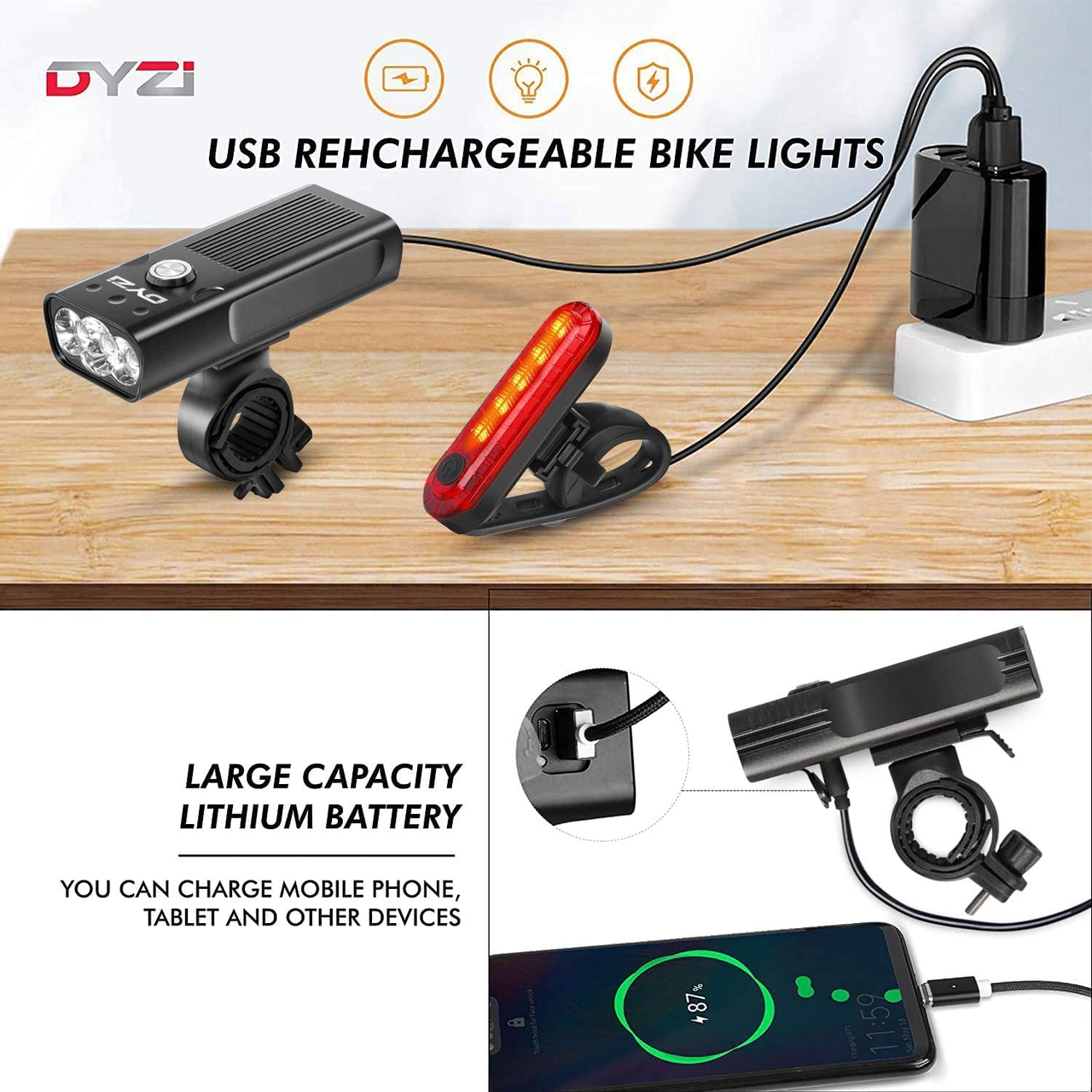USB Rechargeable bike lights Set-Super Bright Front LED Bicycle Light sets-Water Resistant Tail Light Easy to Fit & Mount-Built in Powerbank for charging devices