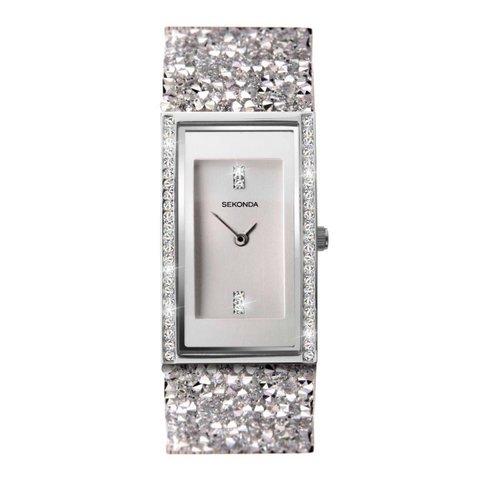 Sekonda Seksy Ladies Bling Rectangular Silver Dial & silver stone Stainless Steel Bracelet Strap Watch