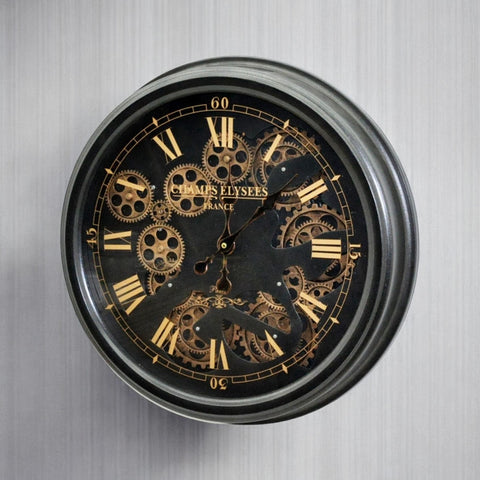 Stylish & Decorative Industrial with Roman Numerals Round Wall Clock - Modern Design, Moving Gears, Battery-Operated Quartz Movement Timepiece for Living Room & Home (Black 52cm (Champs Elysees))