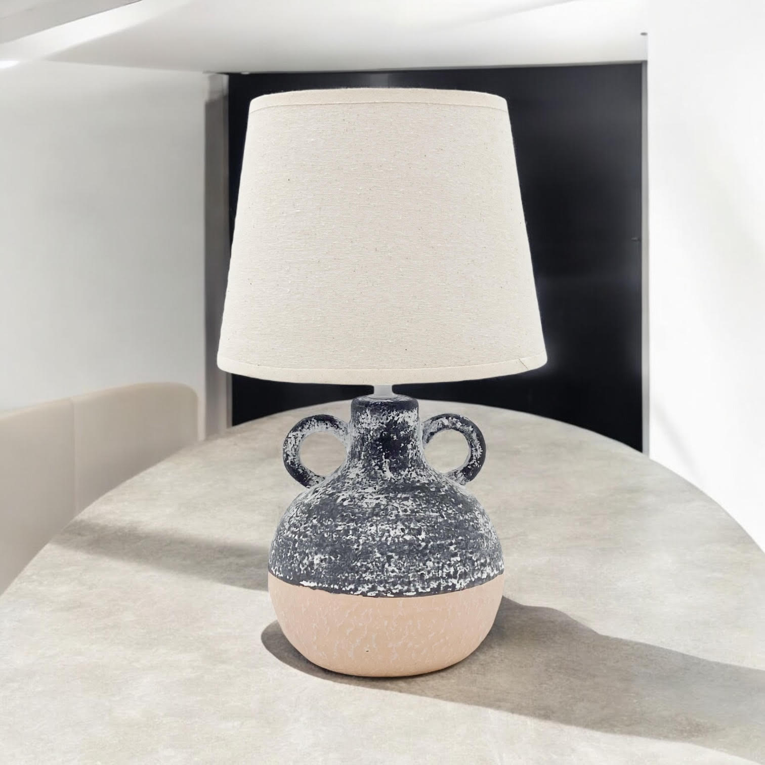 AcaciaHome Ceramic Table Lamp with Rustic Earthen Urn Base and 9" Drum Shade – Stylish and Durable Home Lighting Warm Cozy Ambiance for Bedroom, Living Room, Hallway, or Study (Table Lamp 38CM)