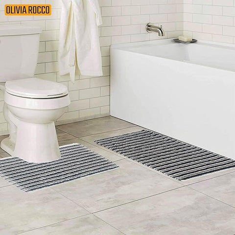 OLIVIA ROCCO Amalfi 2 Piece Bath Mat Set 100 Percent Cotton Jumbo Plush Absorbent Pedestal Bath Rug Modern Design For Bathroom Decor