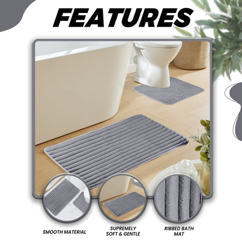 OLIVIA ROCCO 2 Piece Ribbed Bath Mat Set Charcoal Extra Soft Non Slip Super Absorbent Easy Care Rug For Bathroom And Toilet