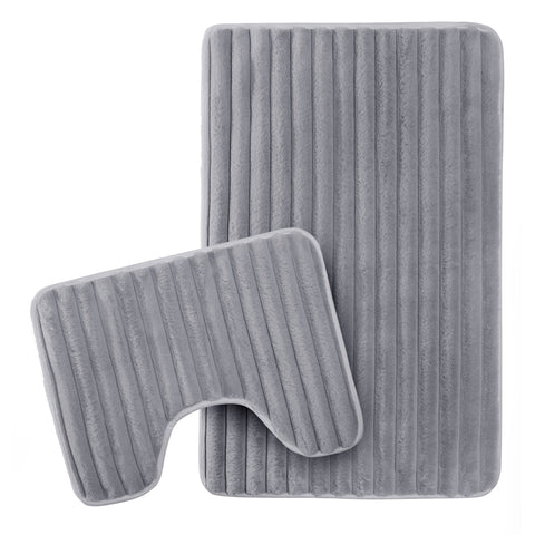 OLIVIA ROCCO 2 Piece Ribbed Bath Mat Set Charcoal Extra Soft Non Slip Super Absorbent Easy Care Rug For Bathroom And Toilet