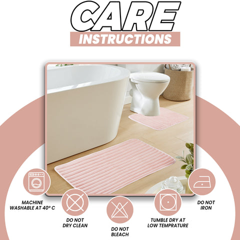 OLIVIA ROCCO 2 Piece Ribbed Bath Mat Set Pink Extra Soft Non Slip Super Absorbent Machine Washable Easy Care Bathroom Toilet Mats