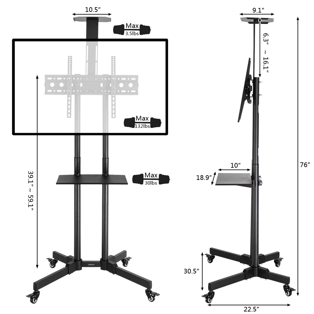 TSY 1600 32-70" TV Mobile Cart Weight Bearing 60kg Maximum VESA 400*600 Up and Down Adjustable 15° with Pulley Tray Camera Bracket