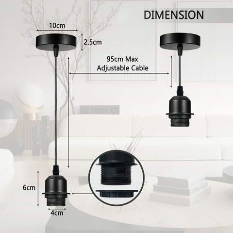 2 Pack Industrial Grey Pendant Light Fitting, Lampshade  Holder Fitting Set With PVC Cable.