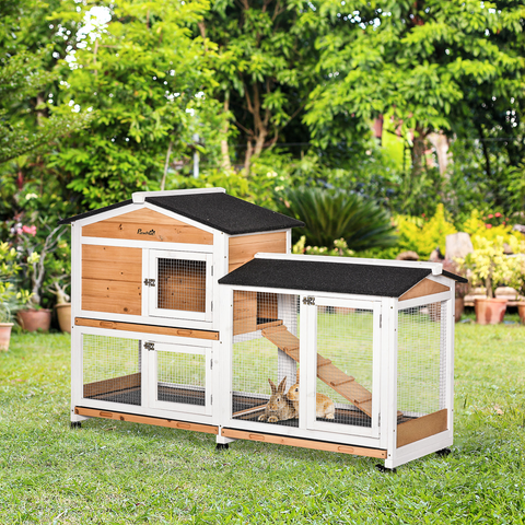 Wooden Rabbit Hutch Guinea Pig Cage Wheels, Run, Slide-Out Tray, Ramp Pawhut