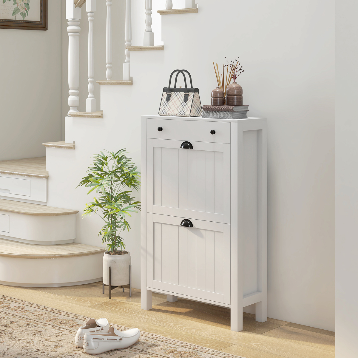 HOMCOM Narrow Shoe Cabinet with 2 Flip Drawers and Top Drawer, White