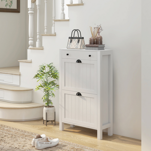 HOMCOM Narrow Shoe Cabinet with 2 Flip Drawers and Top Drawer, White