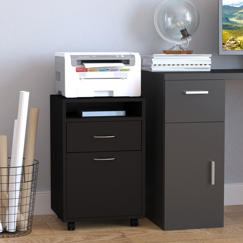 HOMCOM 60cm Storage Cabinet w/ Drawer Open Shelf Metal Handles 4 Wheels Black