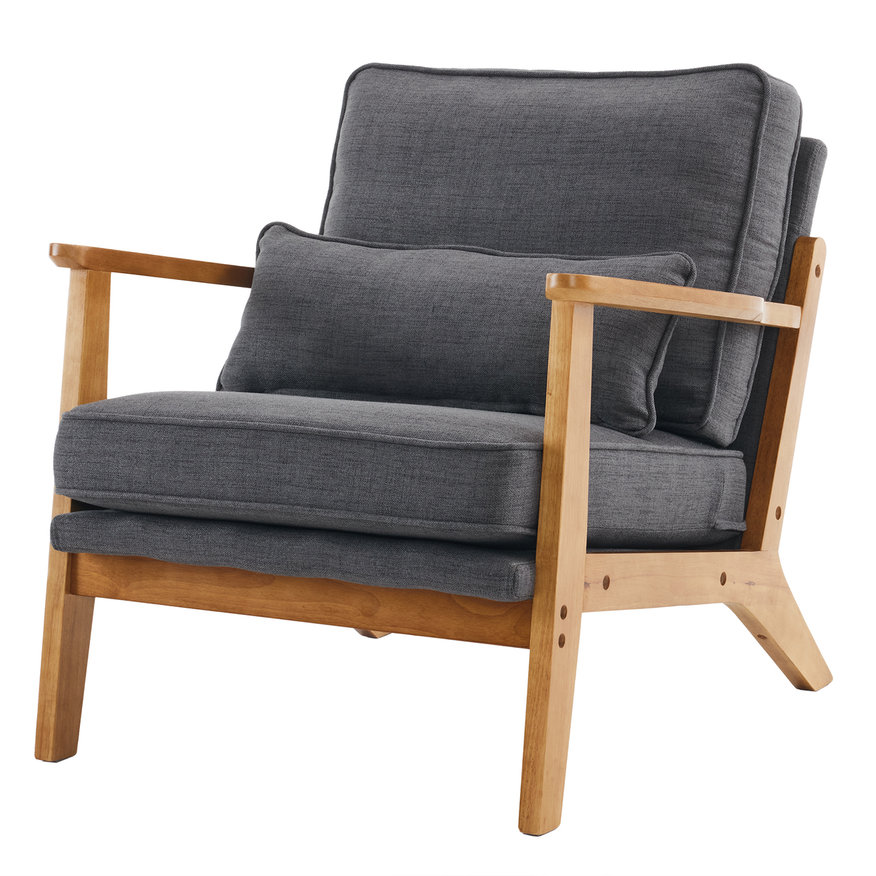 Mid-Century Oak Accent Chair - Linen-Cotton Dark Gray Upholstered Single Lounge Chair, Indoor Armchair with Sturdy Wood Frame (330LBS Weight Capacity)