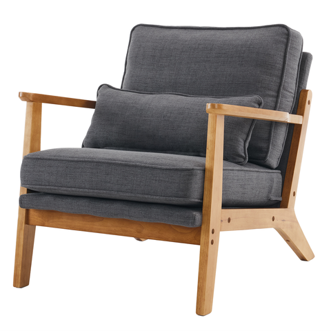 Mid-Century Oak Accent Chair - Linen-Cotton Dark Gray Upholstered Single Lounge Chair, Indoor Armchair with Sturdy Wood Frame (330LBS Weight Capacity)