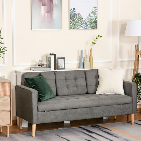 3-Seater Sofa Button-Tufted Fabric Couch with Hidden Storage, Rubberwood Legs