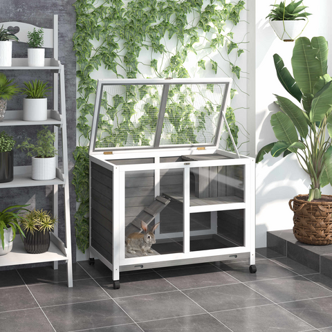 Wood Rabbit Hutch Bunny Cage Pet House Indoor W/ Tray Ramp, Grey Pawhut