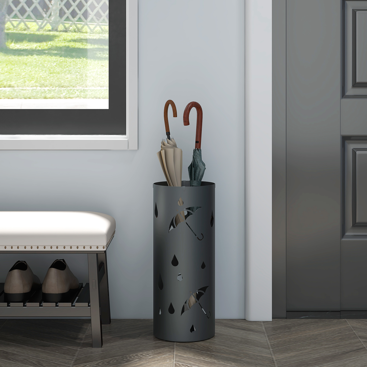 HOMCOM Metal Umbrella Stand, Hollowed Umbrella Basket with 4 Hooks and Drip Tray