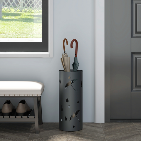 HOMCOM Metal Umbrella Stand, Hollowed Umbrella Basket with 4 Hooks and Drip Tray