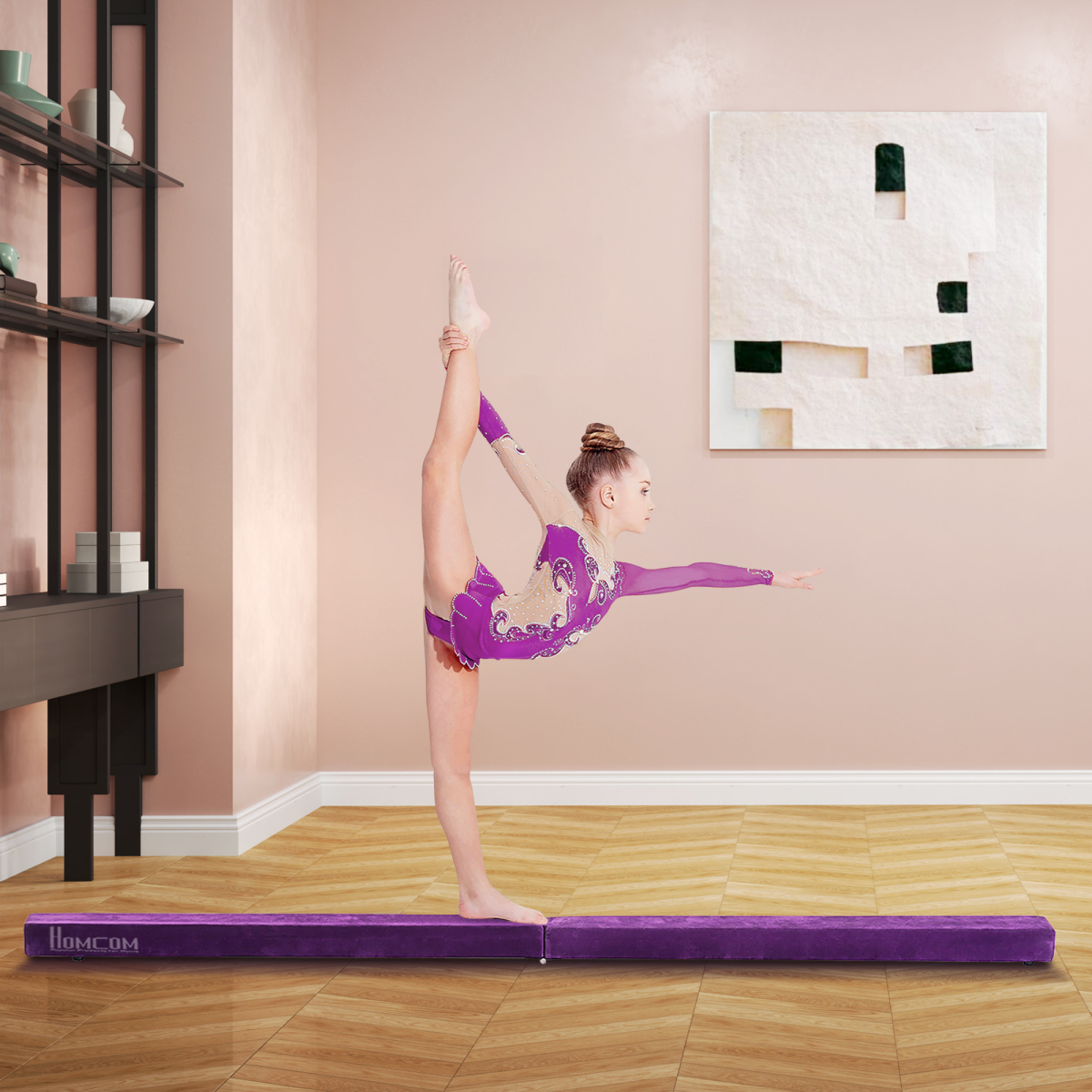 HOMCOM Balance Beam Trainer Fold Performance Gymnastics Suede Purple 2.4M Home