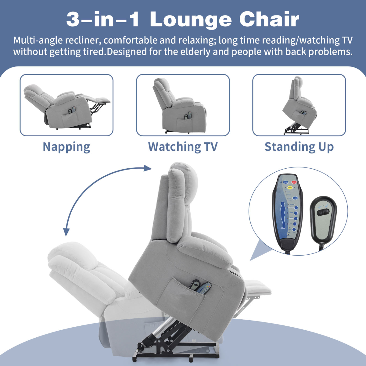 1pcs grey fabric electric elderly chair with 8-point massage belt heating 120kg indoor functional chair, UK