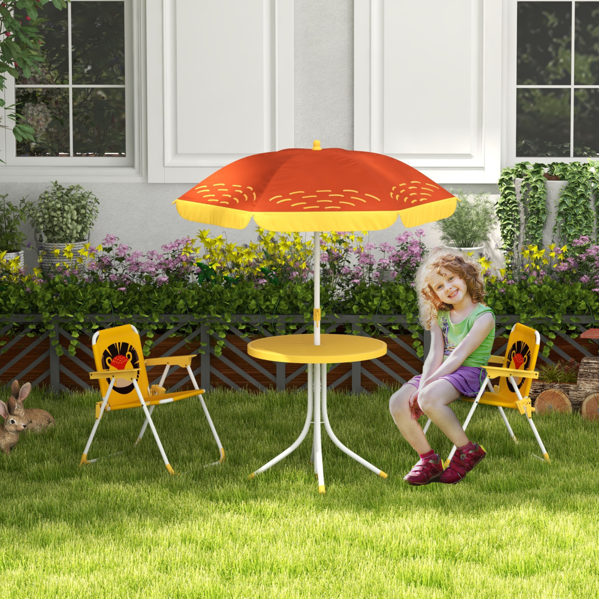 Outsunny Kids Bistro Table and Chair Set with Lion Theme, Adjustable Parasol