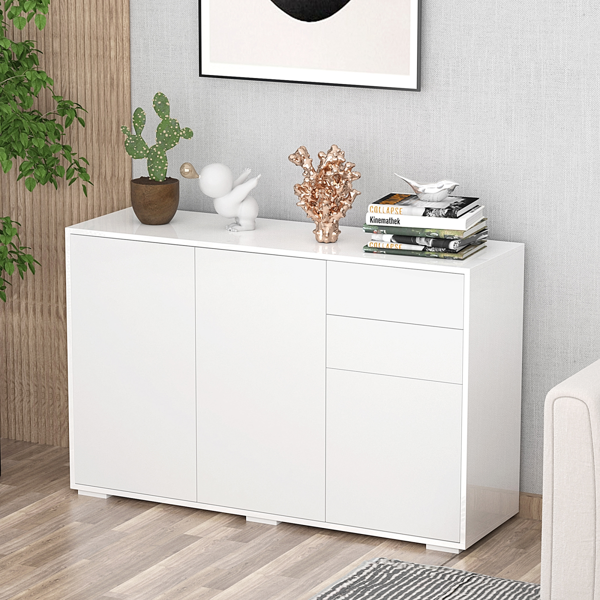 HOMCOM Side Cabinet with 2 Door Cabinet and 2 Drawer for Home Office White