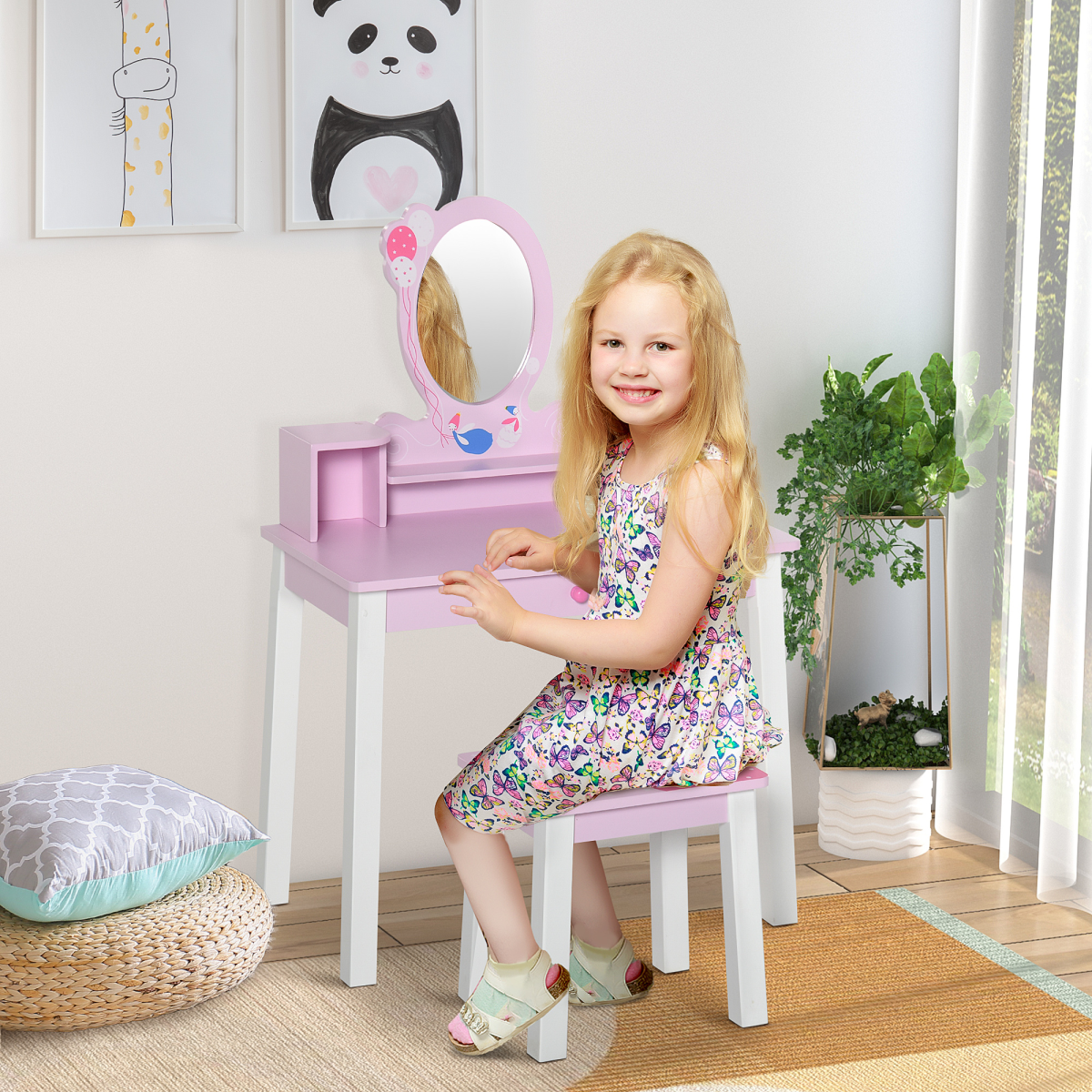 Kids Dressing Table and Stool Set Make Up Desk with Storage (Pink) HOMCOM